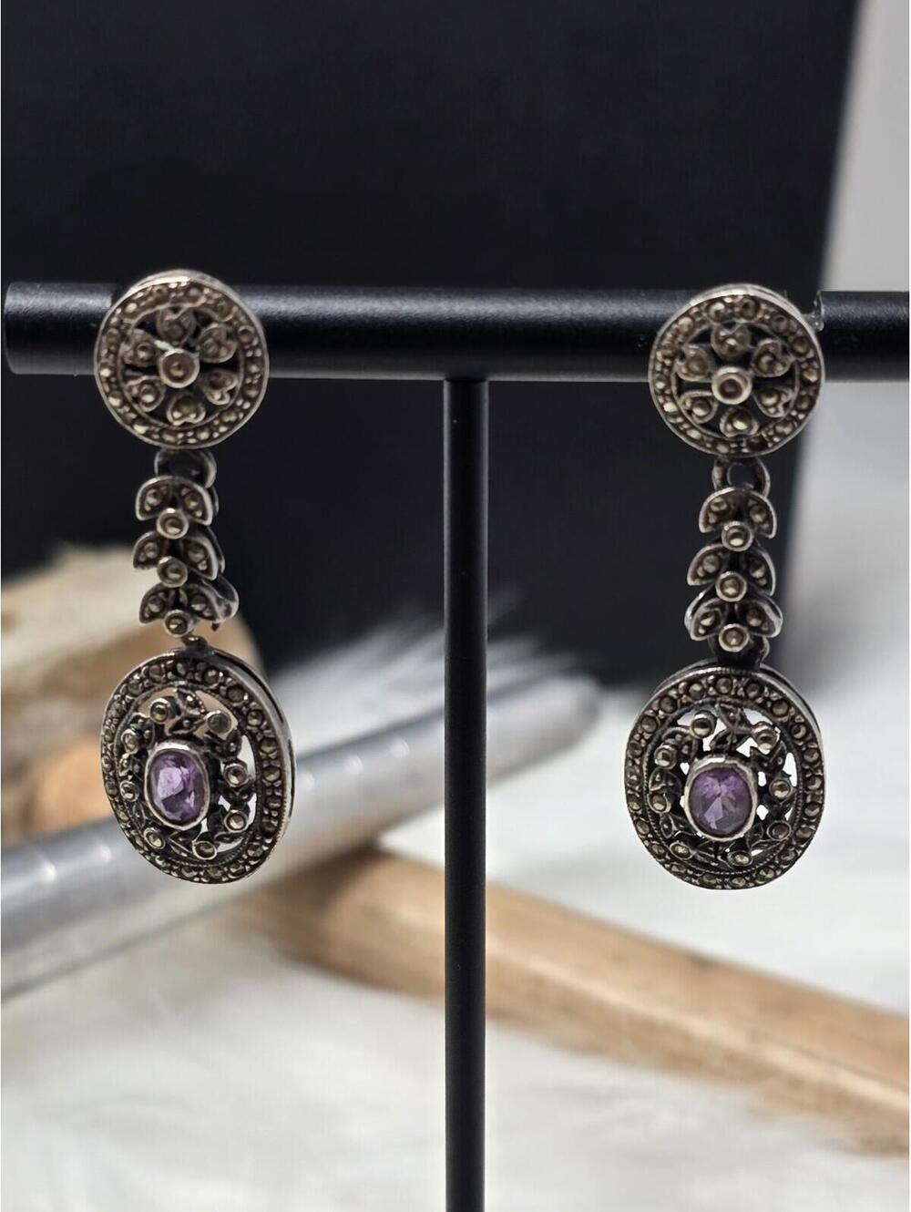Vintage Sterling Silver Marcasite Amethyst Drop Earrings